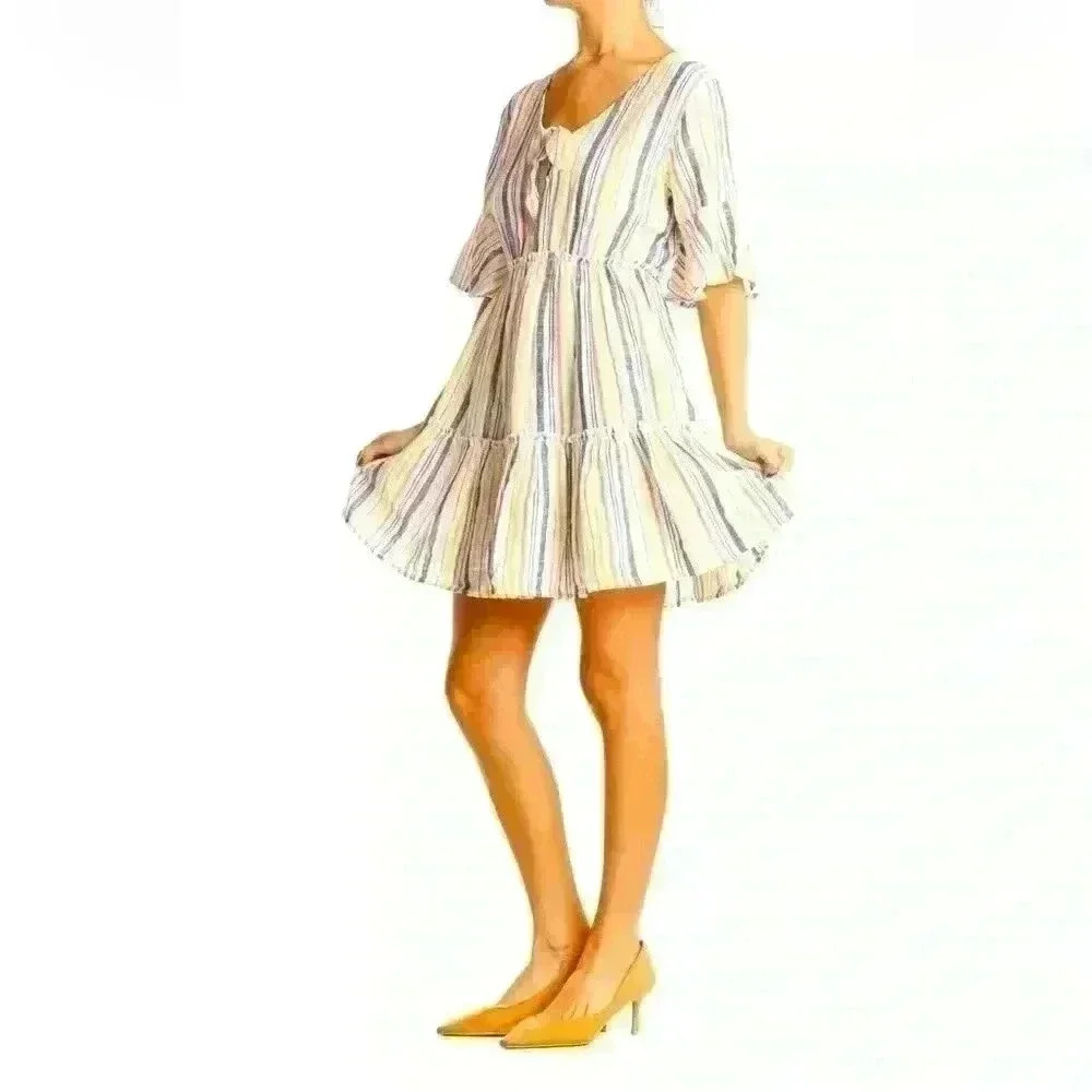 Spiaggia Dolce Womens Sz M Ruffled Dress  Bell Sleeve Striped